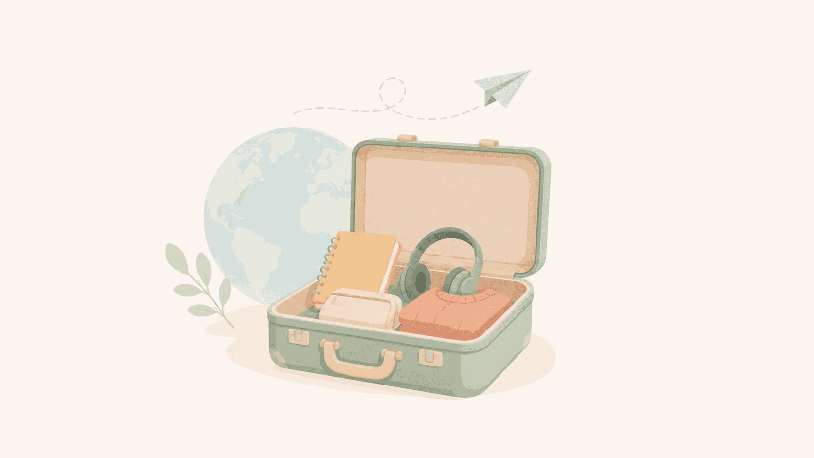 Minimalistische Pastell-Illustration eines geöffneten Koffers mit typischen Alltagsgegenständen eines Austauschschülers wie Notizbuch, Kopfhörern und Pullover. Im Hintergrund befindet sich ein dezenter Globus sowie ein kleiner Papierflieger über dem Koffer. Das ruhige Flat-Design mit hellem Hintergrund symbolisiert das echte Leben während eines Auslandsjahres – zwischen Schule, Reisen und neuen Erfahrungen.