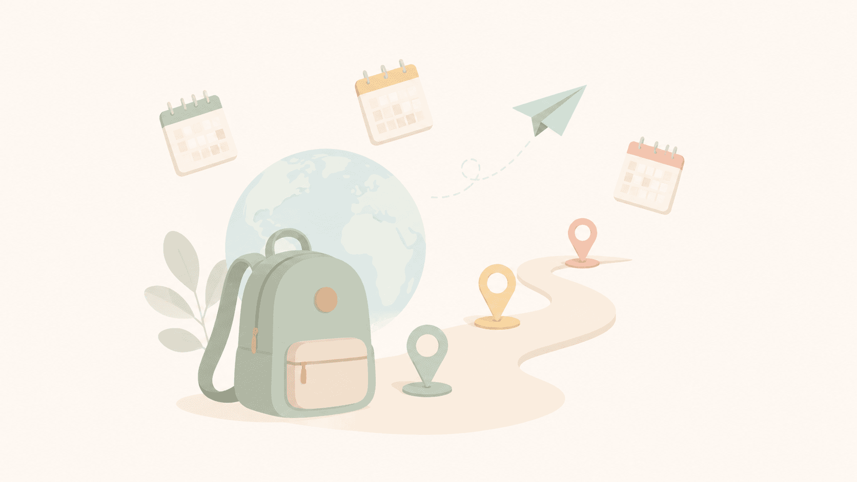 Minimalistische Illustration eines grünen Schulrucksacks vor einem stilisierten Reisepfad mit drei Wegmarkierungen, schwebenden Kalenderseiten, Papierflieger und Globus in sanften Pastellfarben. Das Bild symbolisiert die Entscheidung über den richtigen Zeitpunkt für ein Auslandsjahr nach der 9., 10. oder 11. Klasse. Ruhiges, modernes Flat-Design mit viel Freiraum und hellem Hintergrund.