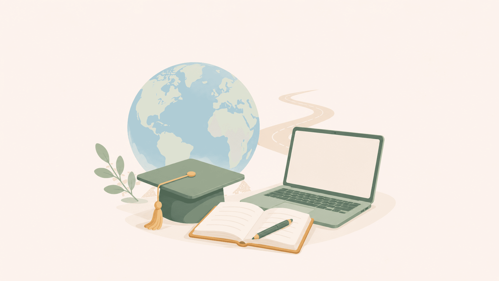 Minimalistische Pastell-Illustration zum Thema Studium und Beruf mit Abschlusskappe, Laptop, offenem Notizbuch und Globus auf hellem Hintergrund. Die ruhige Flat-Design-Grafik in sanften Grün-, Beige- und Blautönen symbolisiert Lernen, internationale Bildung, Karrierewege und persönliche Entwicklung nach dem Auslandsjahr.