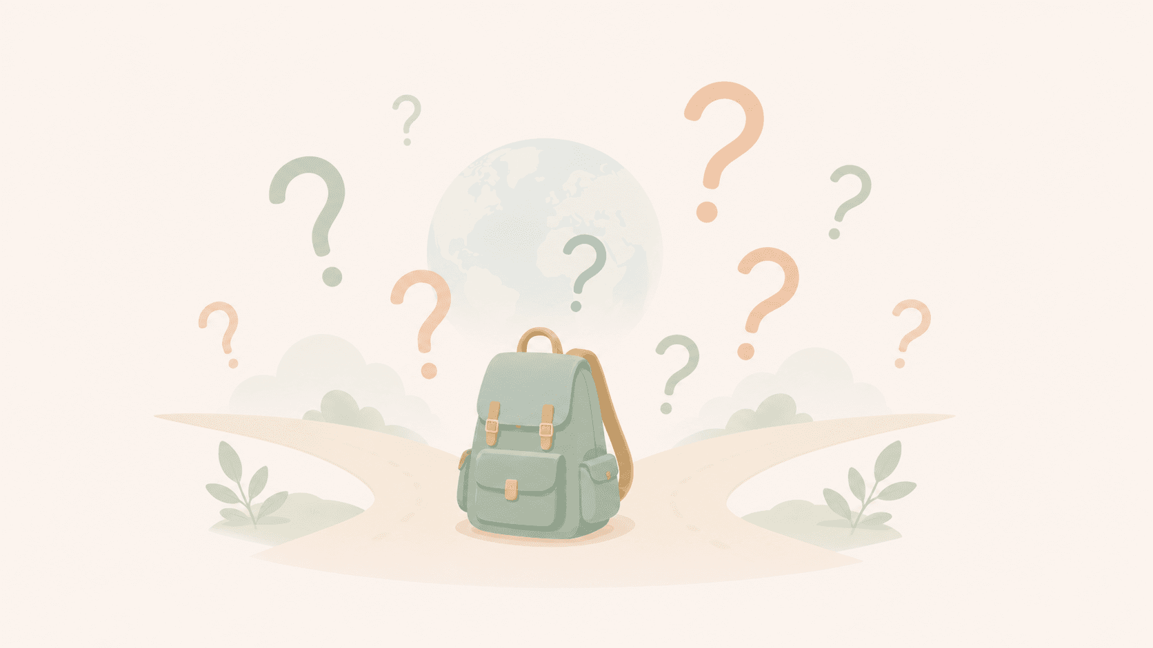Minimalistische Pastell-Illustration eines grünen Rucksacks an einer Weggabelung, umgeben von mehreren schwebenden Fragezeichen in sanften Farben. Im Hintergrund ist dezent ein Globus zu sehen, der das Thema Auslandsjahr und persönliche Orientierung symbolisiert. Die ruhige Flat-Design-Grafik auf hellem Hintergrund vermittelt Unsicherheit, Entscheidungsfindung und Zukunftsfragen auf eine freundliche und moderne Weise.
